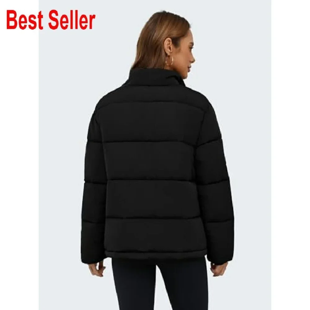 Cropped Puffer Jacket Winter Stand Collar Zip Up Snap Button Lightweight
